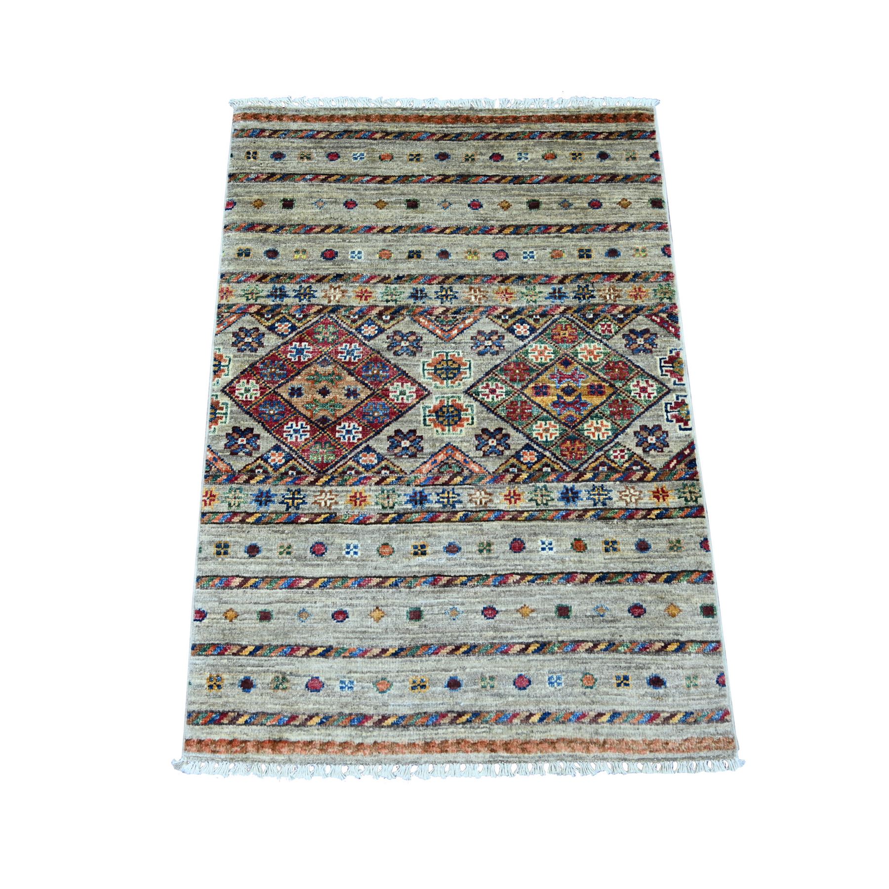 Stone Gray, Afghan Super Kazak with Khorjin Design, Hand Knotted, Velvety Wool, Vegetable Dyes, Sample, Mat, Oriental Rug